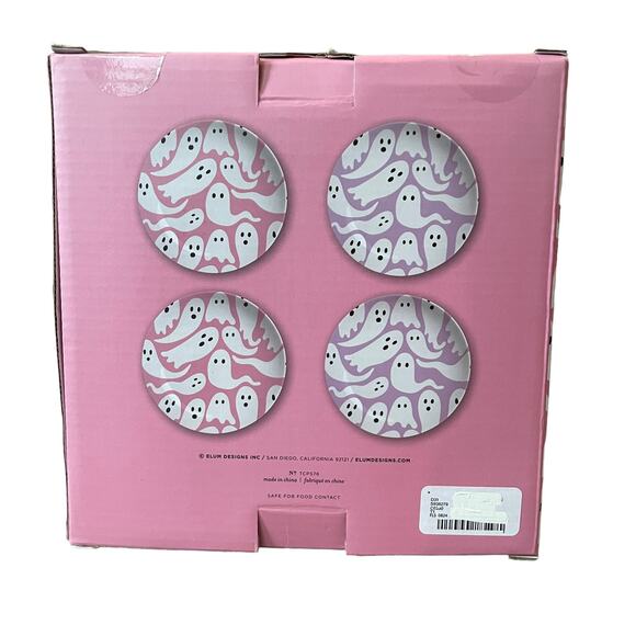 Halloween GHOST Appetizer Plates 7.5in Set of 4 Ceramic Pink & Purple NEW - Picture 8 of 10